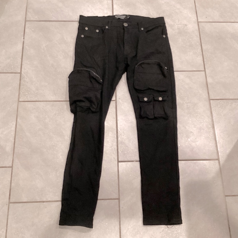 Demolition Jeans Mens Black Moto Cargo front Zip Pockets